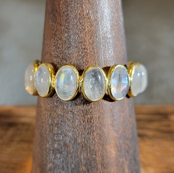 Hand Crafted Jewelry - Native Rainbow Moonstone Gemstone 14k Gold Ring 9 Sterling Silver 925 Boho Size